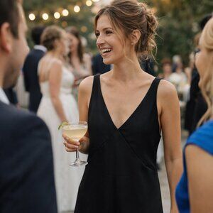 CKB Style Midi-Length Black Satin V-Neck Slip Dress